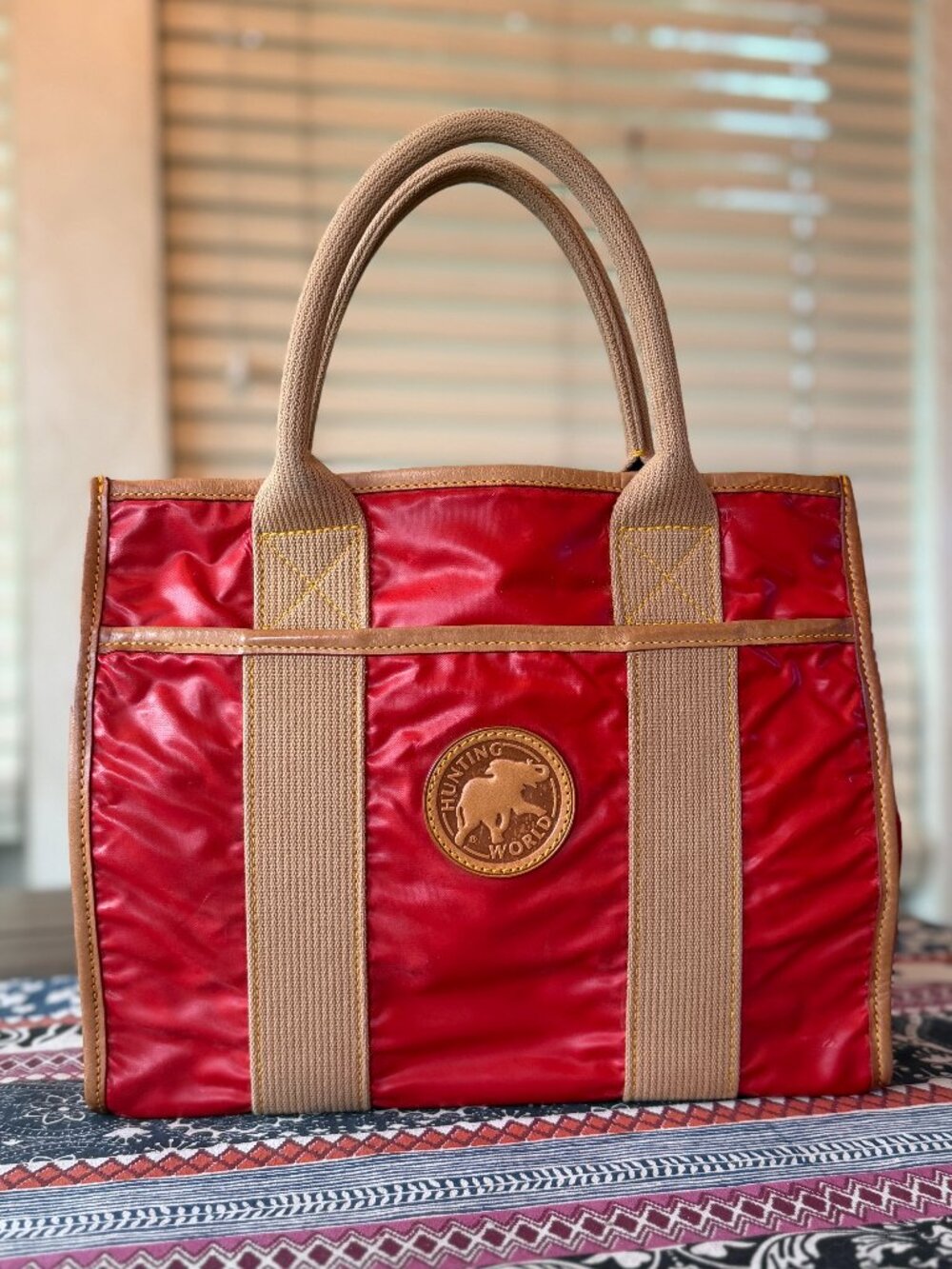 Hunting World Red Coated Canvas and leather Tote, Vintage, EUC